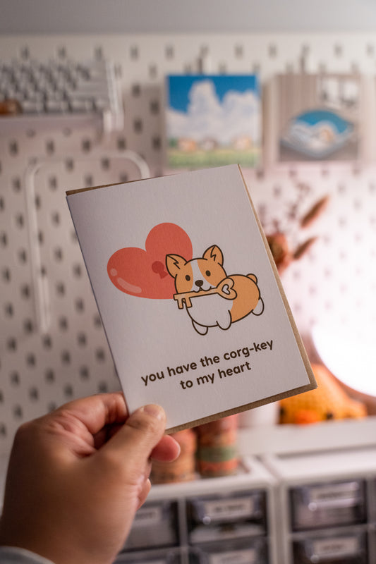 Corg-Key to my Heart Corgi Love Valentines Punny Greeting Card