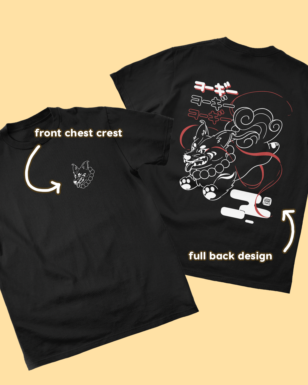 Inugami Corgi Japanese Dog God Cotton Black T-Shirt