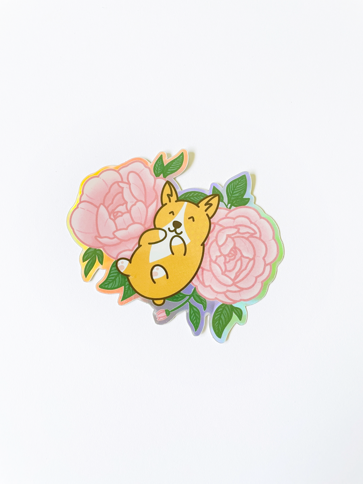 Corgi Peony Floral Holographic Sticker