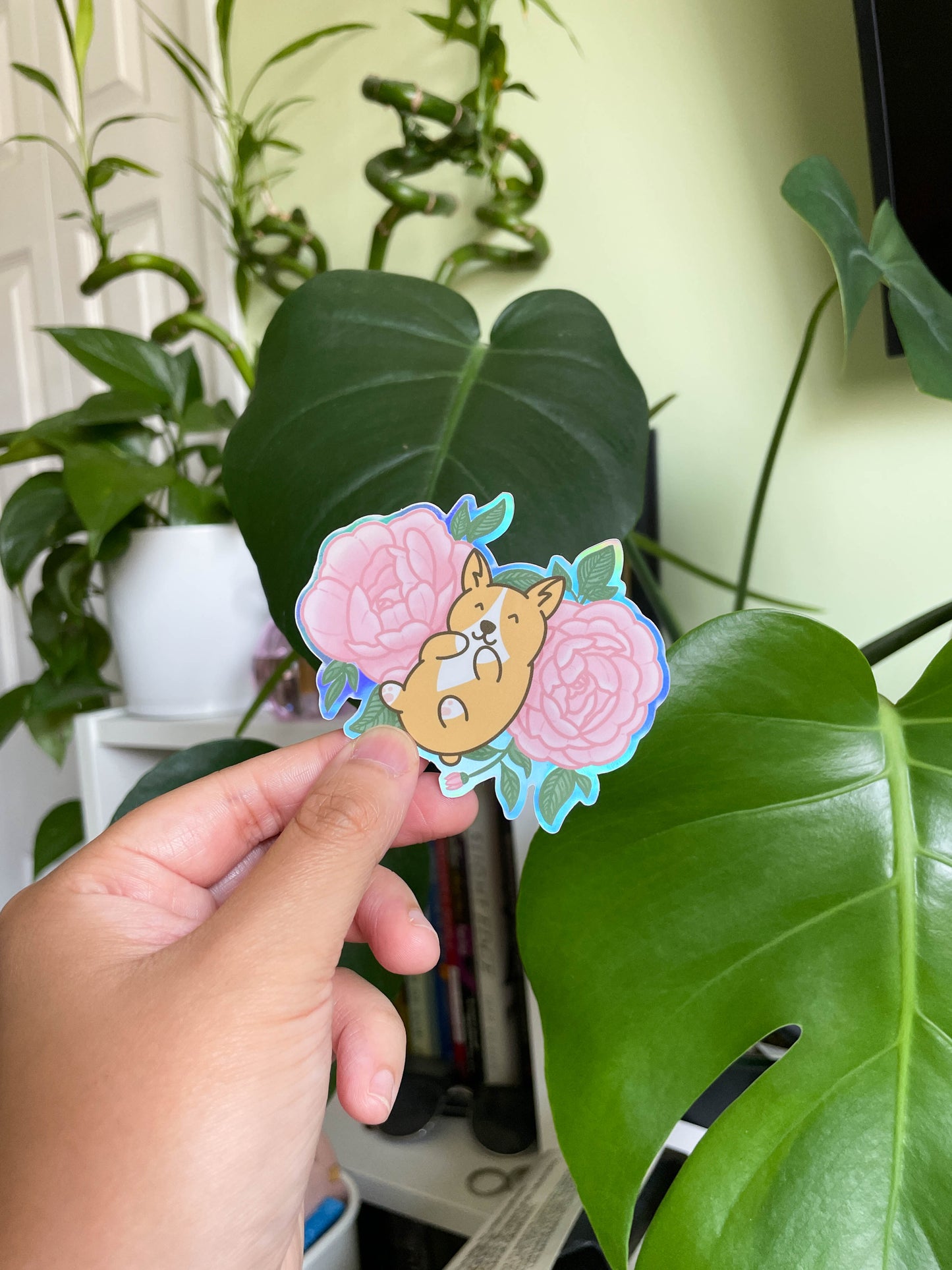 Corgi Peony Floral Holographic Sticker