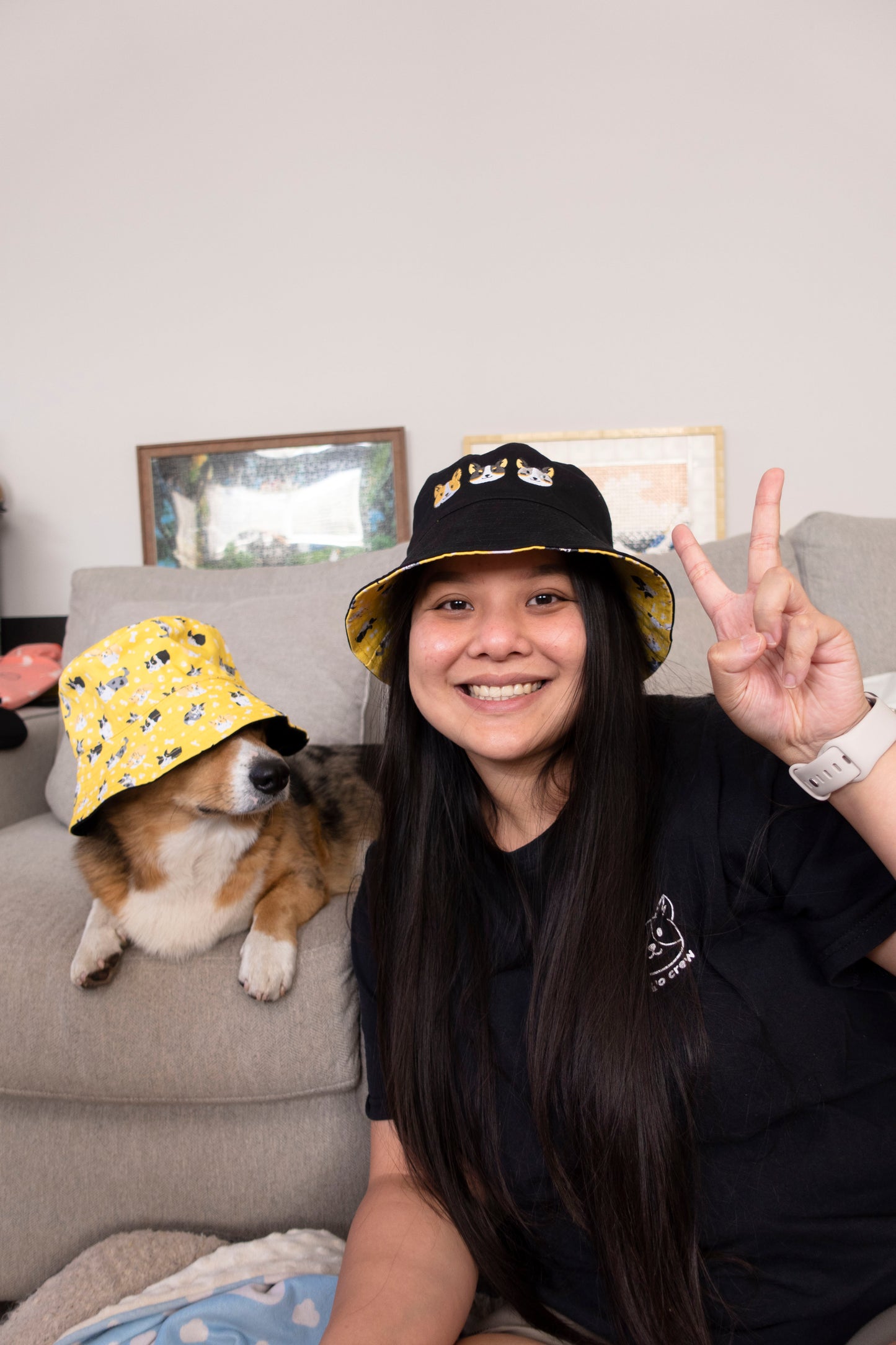 Corgo Friends Reversible Black and Yellow Bucket Hat