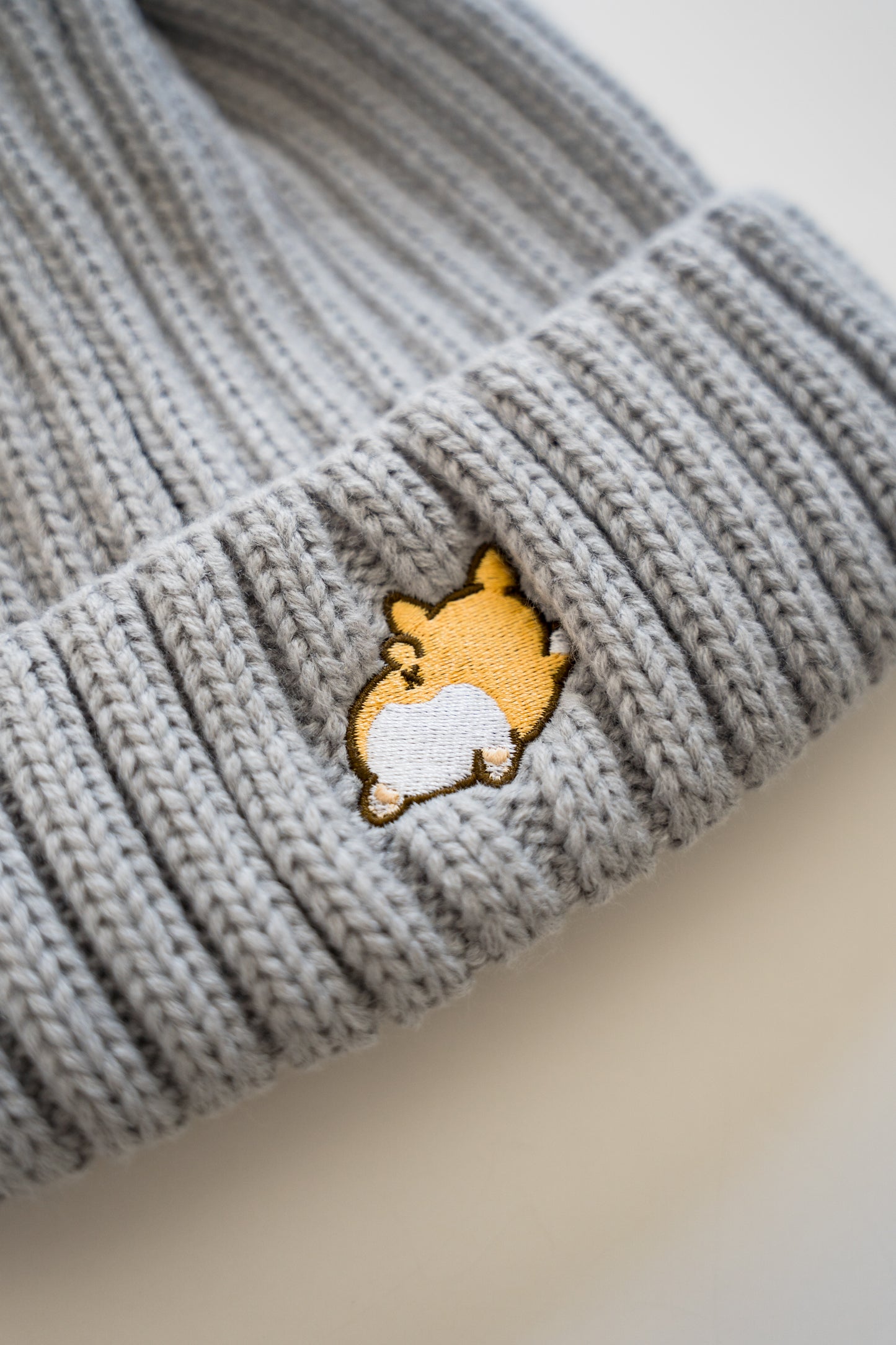 Embroidered Corgi Sploot Ribbed Knit Acrylic Wool Beanie Hat