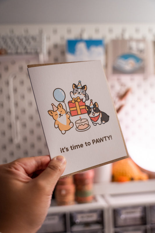 Time to Pawty Corgi Birthday Celebration Congratulations Punny Greeting Card