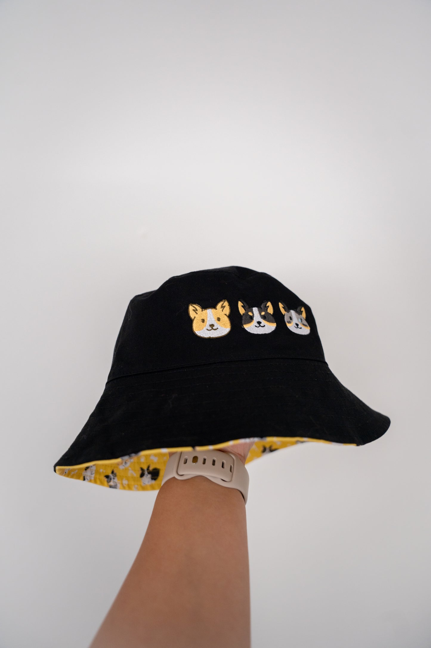 Corgo Friends Reversible Black and Yellow Bucket Hat