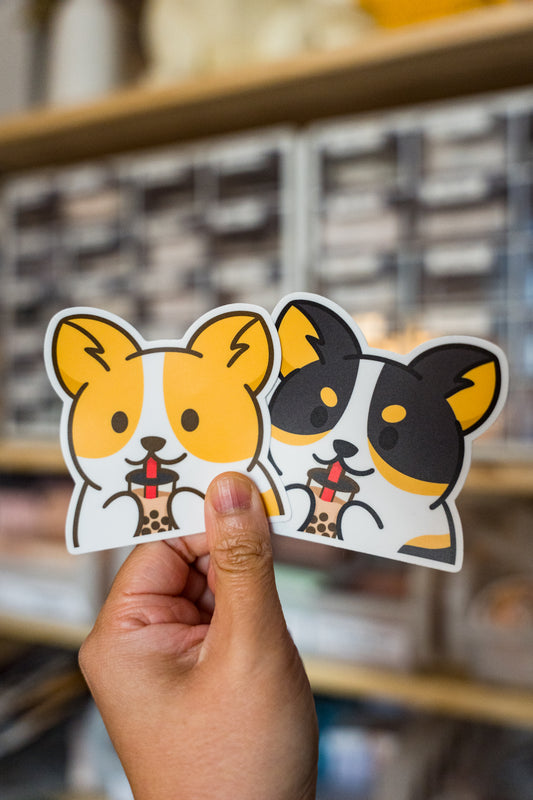 Bubble Tea Boba Peeker Corgi Vinyl Sticker