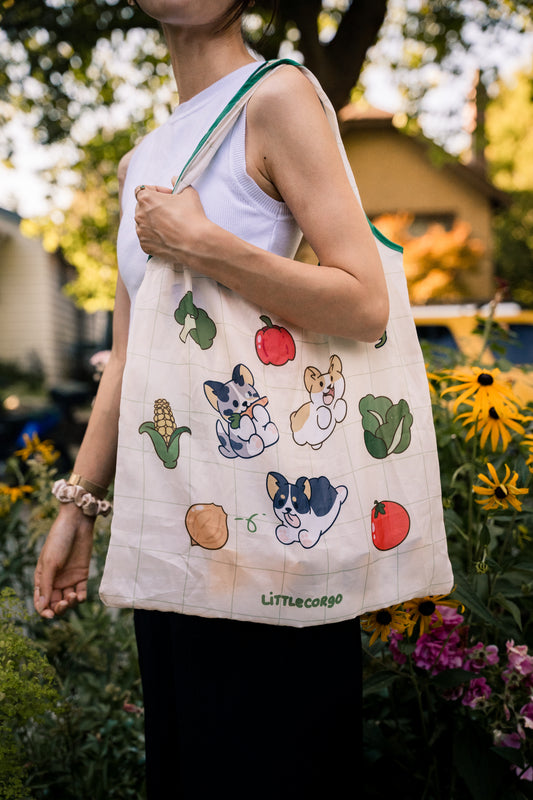 Corgi Vegetable Grocery Reusable Foldable Tote Bag