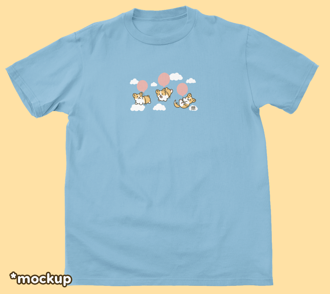 Corgi on Balloons Sky Blue Cotton T-Shirt